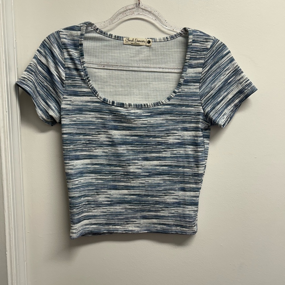 Cloud Dancer Blue and White Stripe Patterned Crop Top